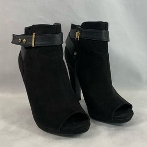 Sam & Libby Black Gold‎ Peep Toe Heeled Booties Faux Suede Belted Women’s Size 6